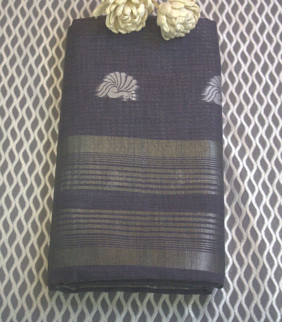 LINEN WHITE BUTTA SAREE PEACOCK