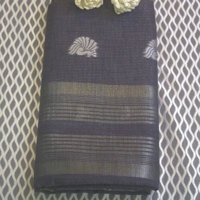 LINEN WHITE BUTTA SAREE PEACOCK