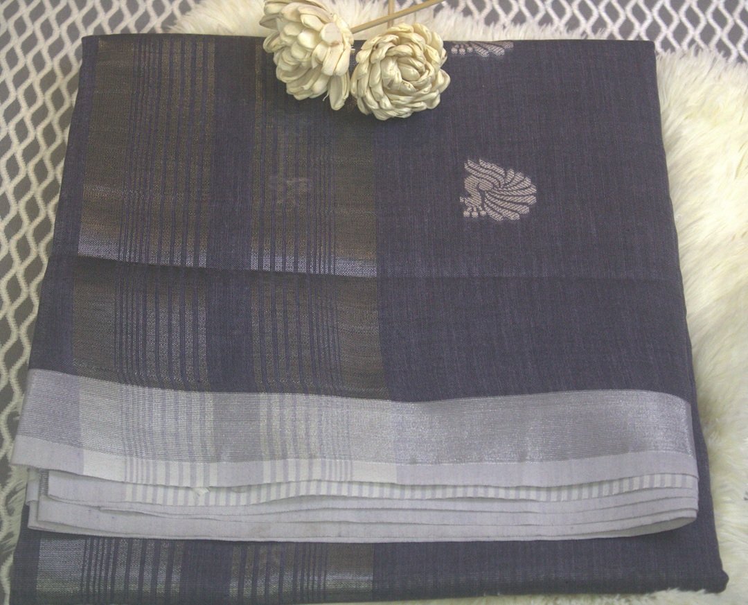 LINEN WHITE BUTTA SAREE PEACOCK