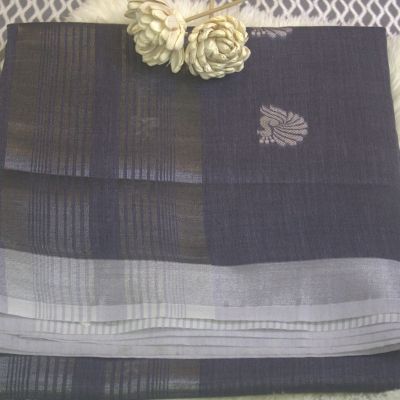 LINEN WHITE BUTTA SAREE PEACOCK